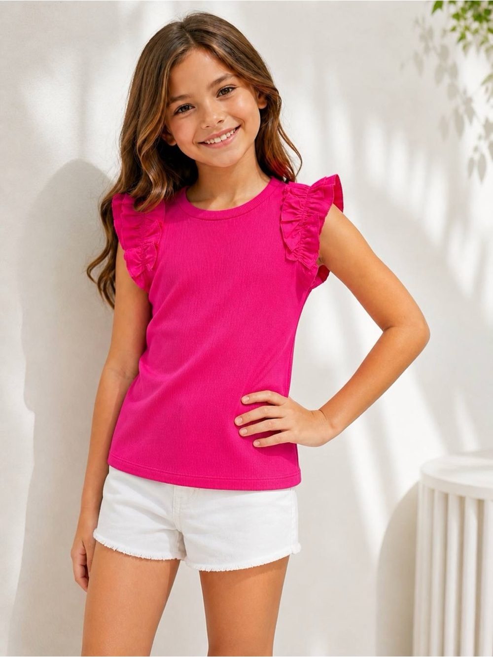 A Loves A Girls Fuchsia Pink Ribbed Knit Ruffle Sleeve Top Size M 9-10 NWT